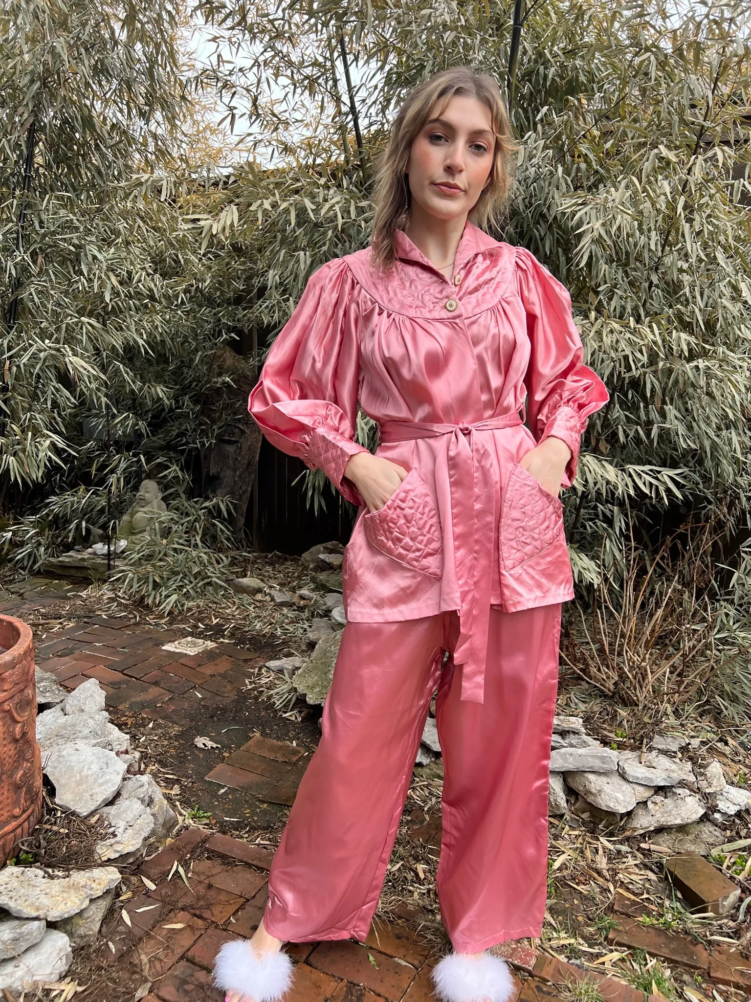 40s Pink Satin Pajama Set