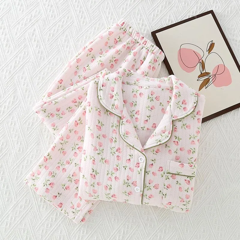 Autumn And Winter Pajamas Women's Quilted To Keep Warm Lapel Women Can Wear Outside