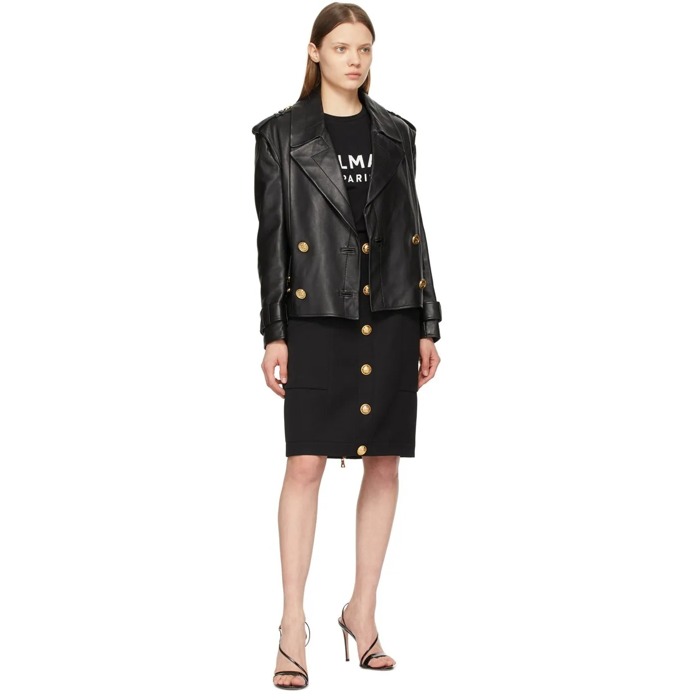 Balmain Black Leather Pea Coat