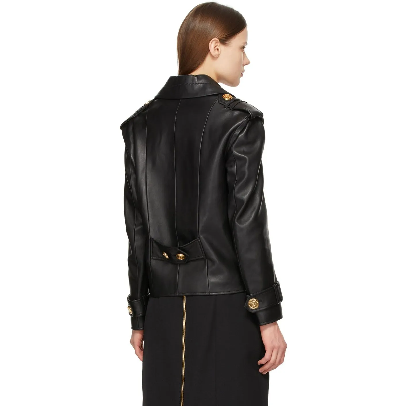 Balmain Black Leather Pea Coat