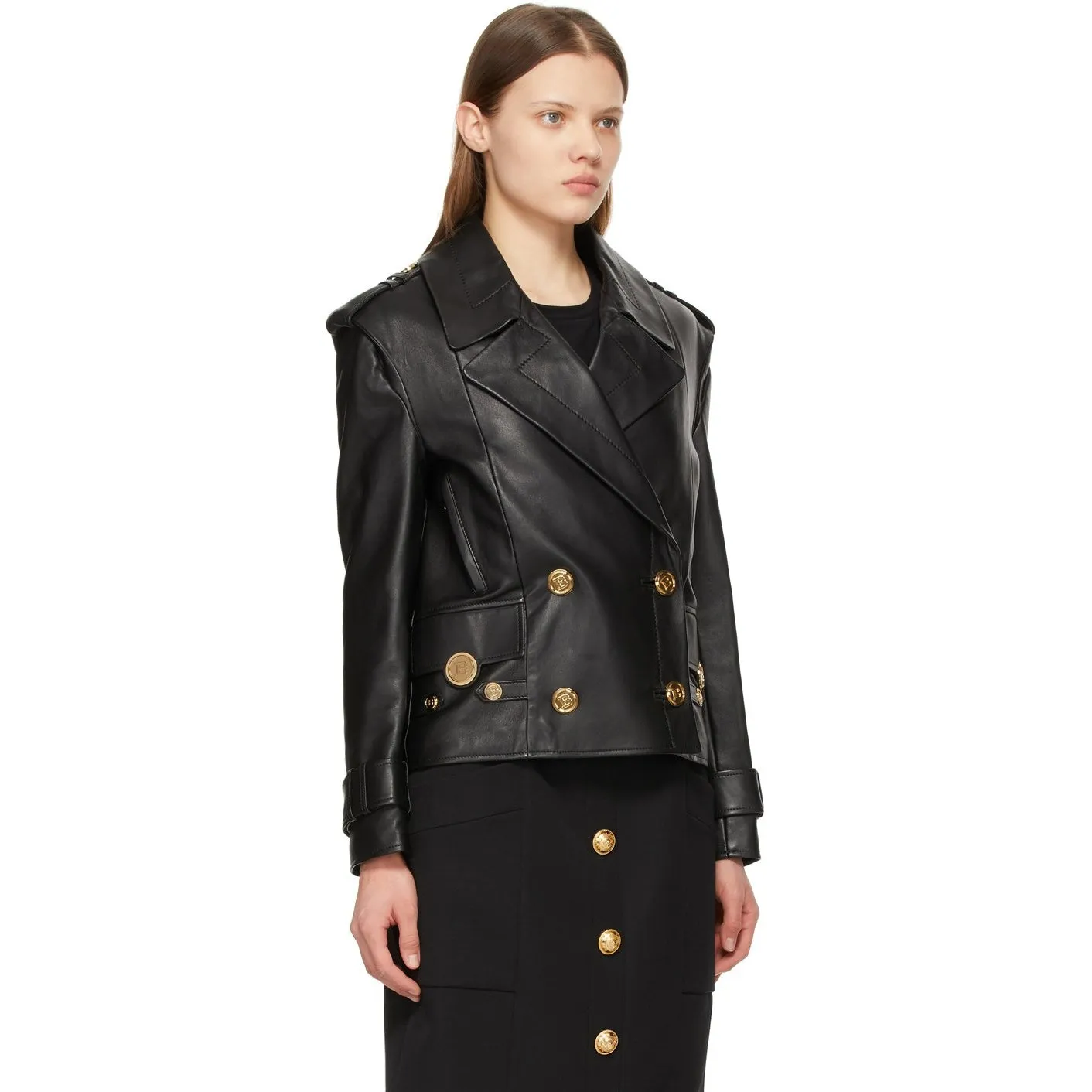 Balmain Black Leather Pea Coat