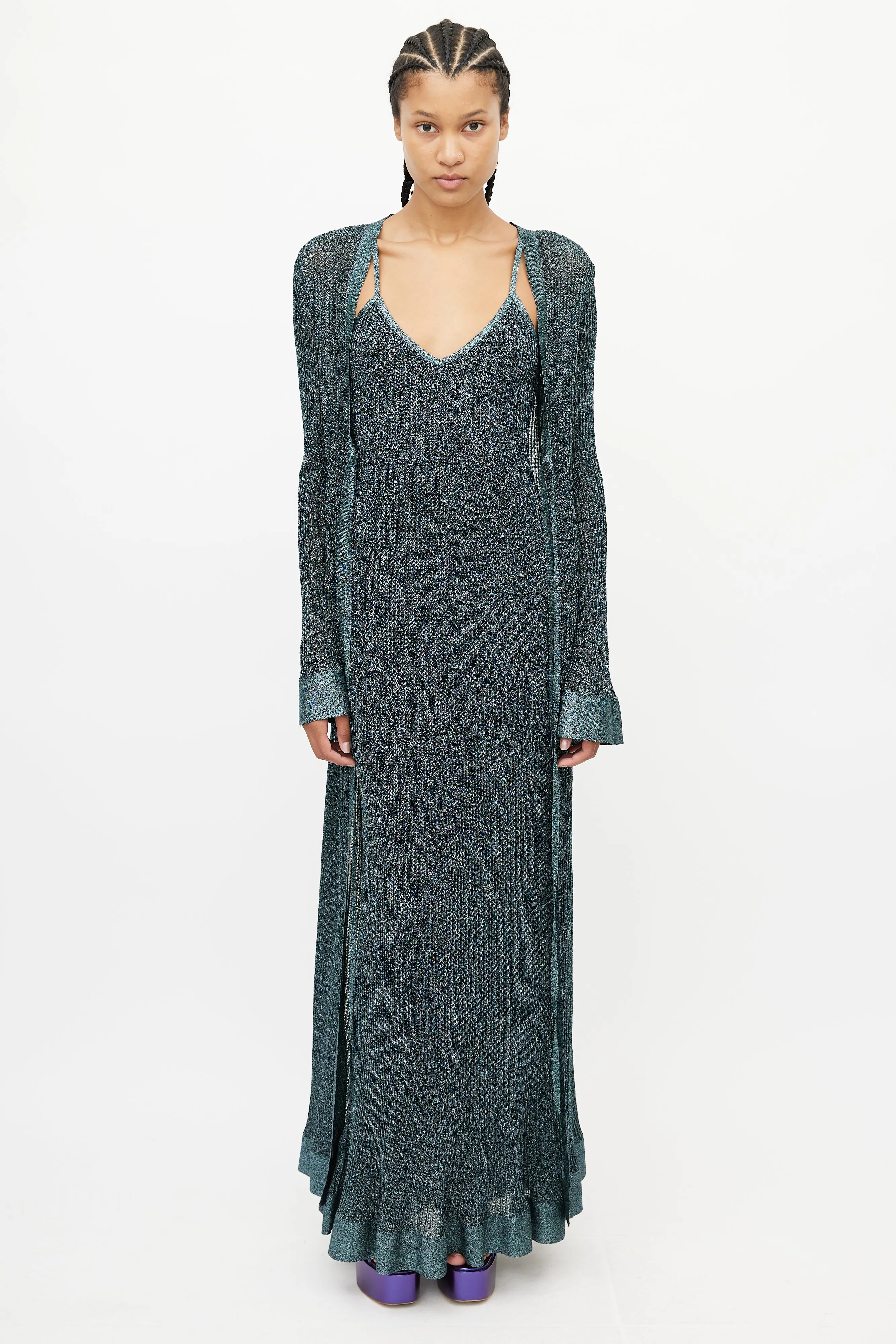 Blue Metallic Knit Tie Cardigan