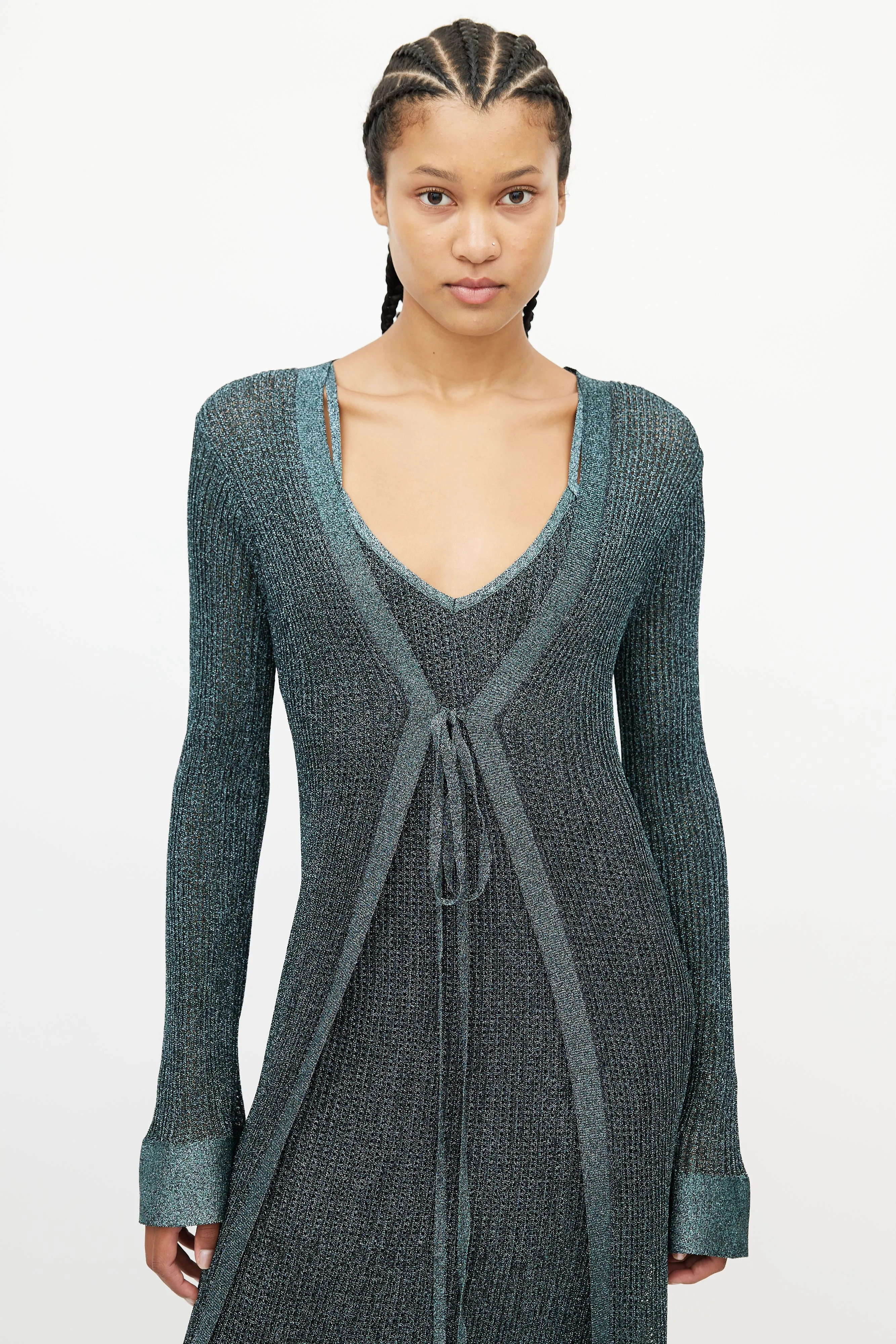 Blue Metallic Knit Tie Cardigan