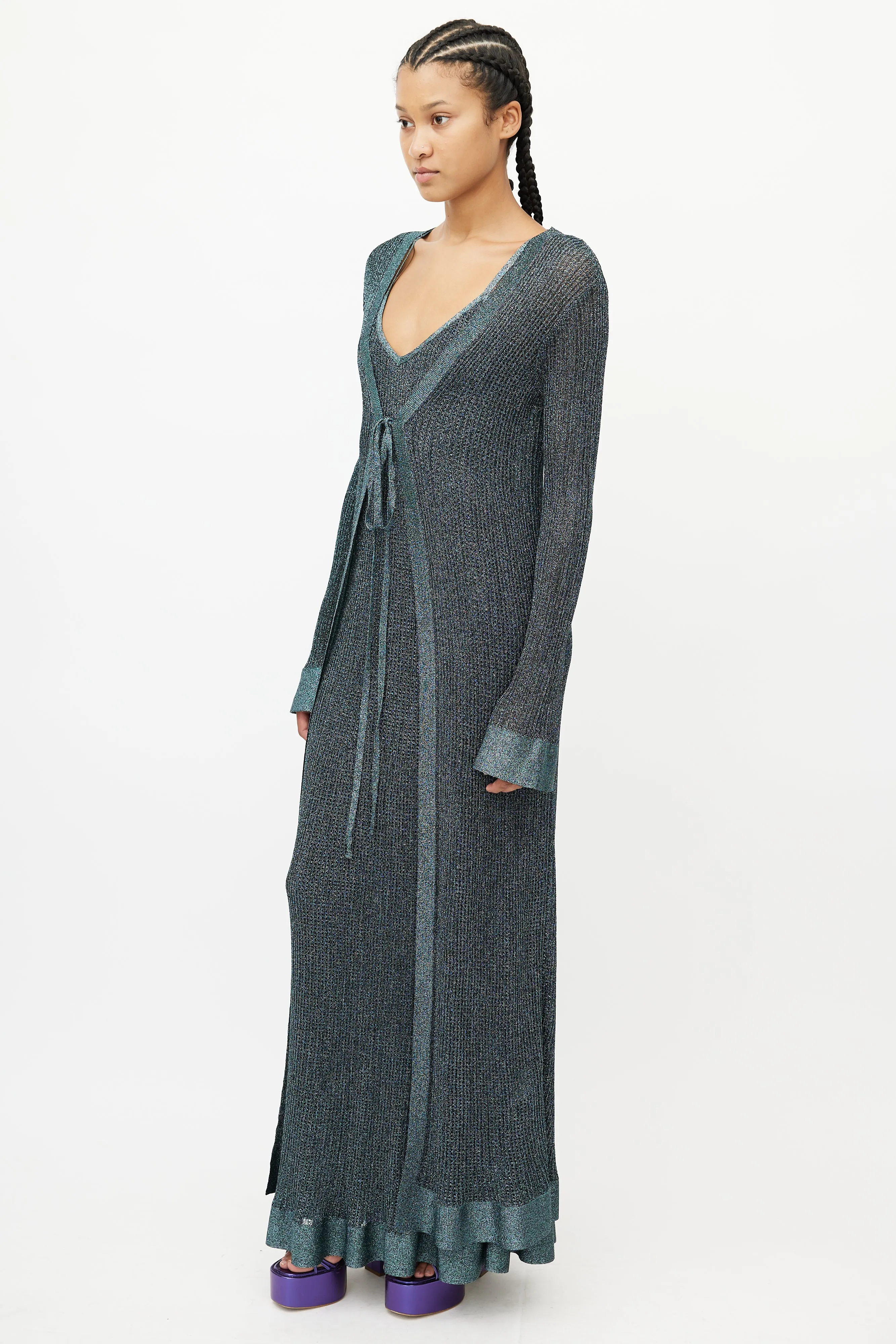 Blue Metallic Knit Tie Cardigan