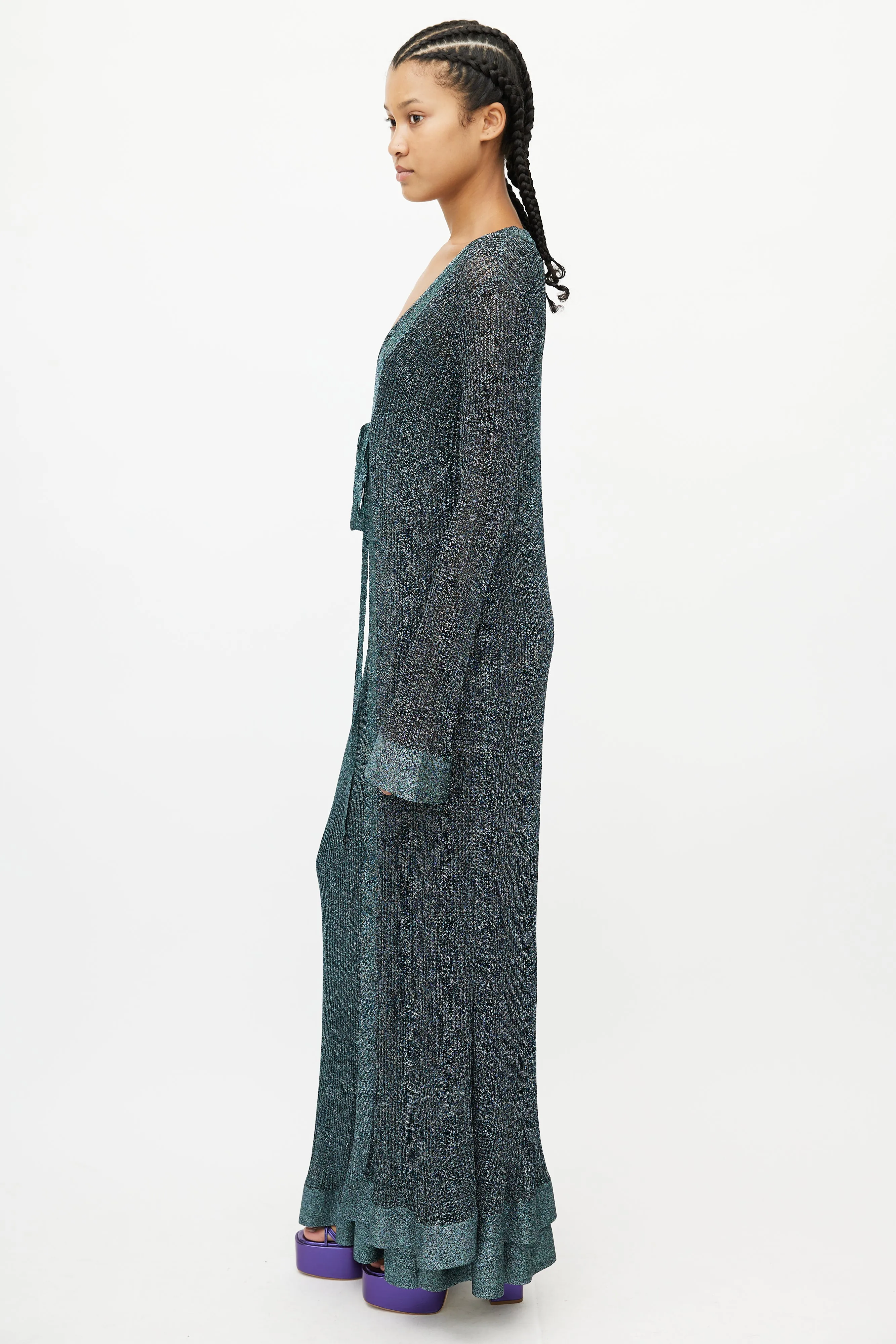 Blue Metallic Knit Tie Cardigan