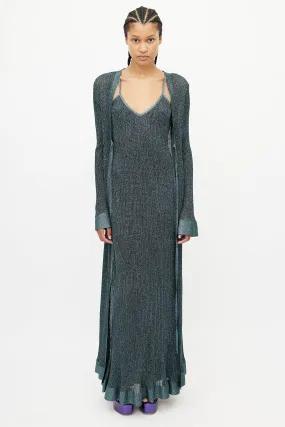 Blue Metallic Knit Tie Cardigan