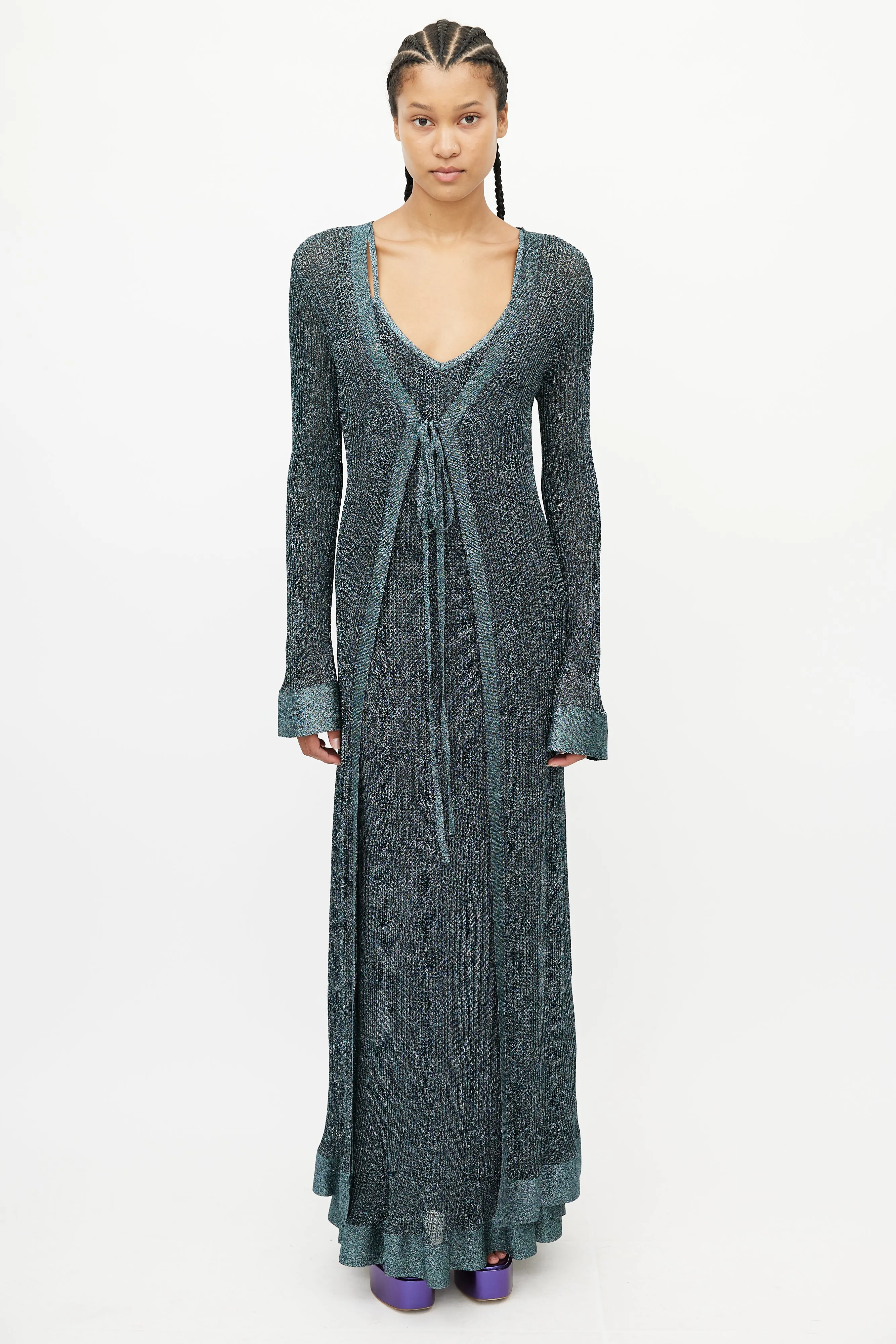 Blue Metallic Knit Tie Cardigan