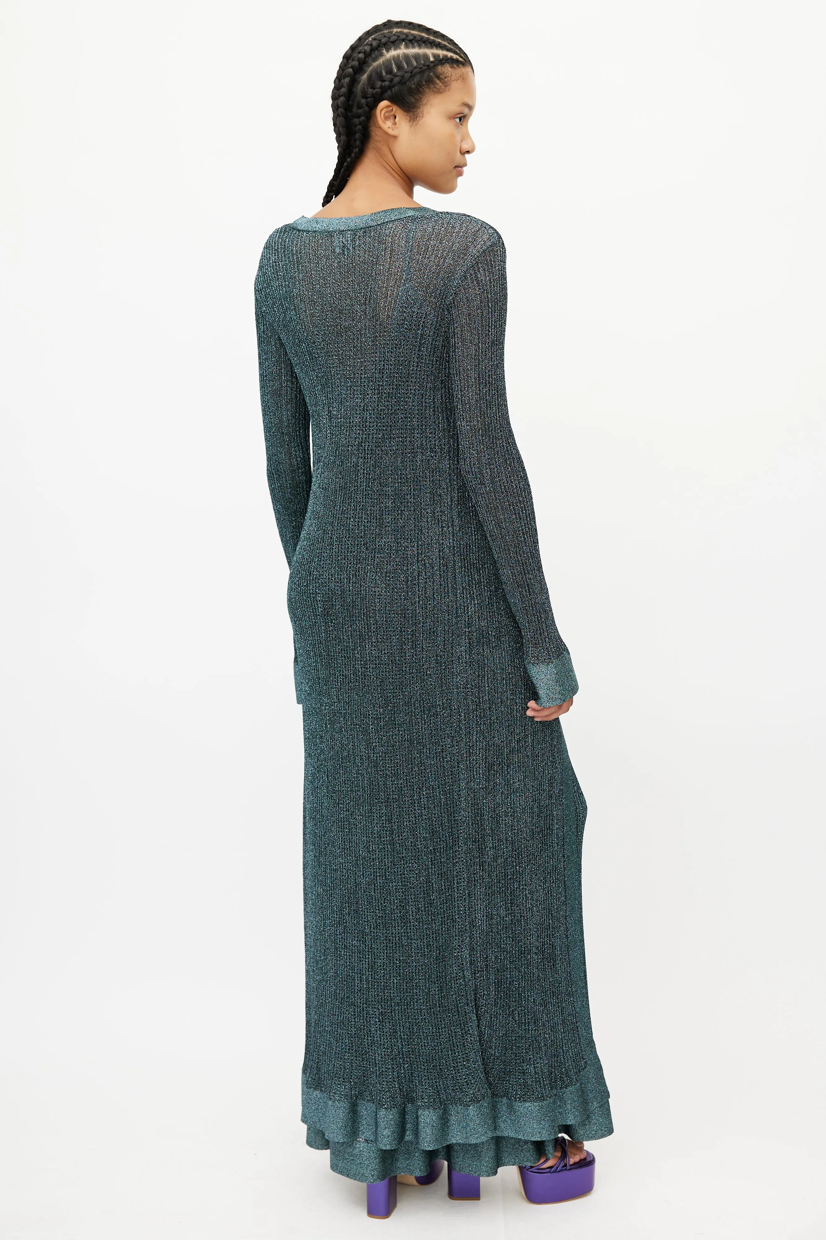 Blue Metallic Knit Tie Cardigan