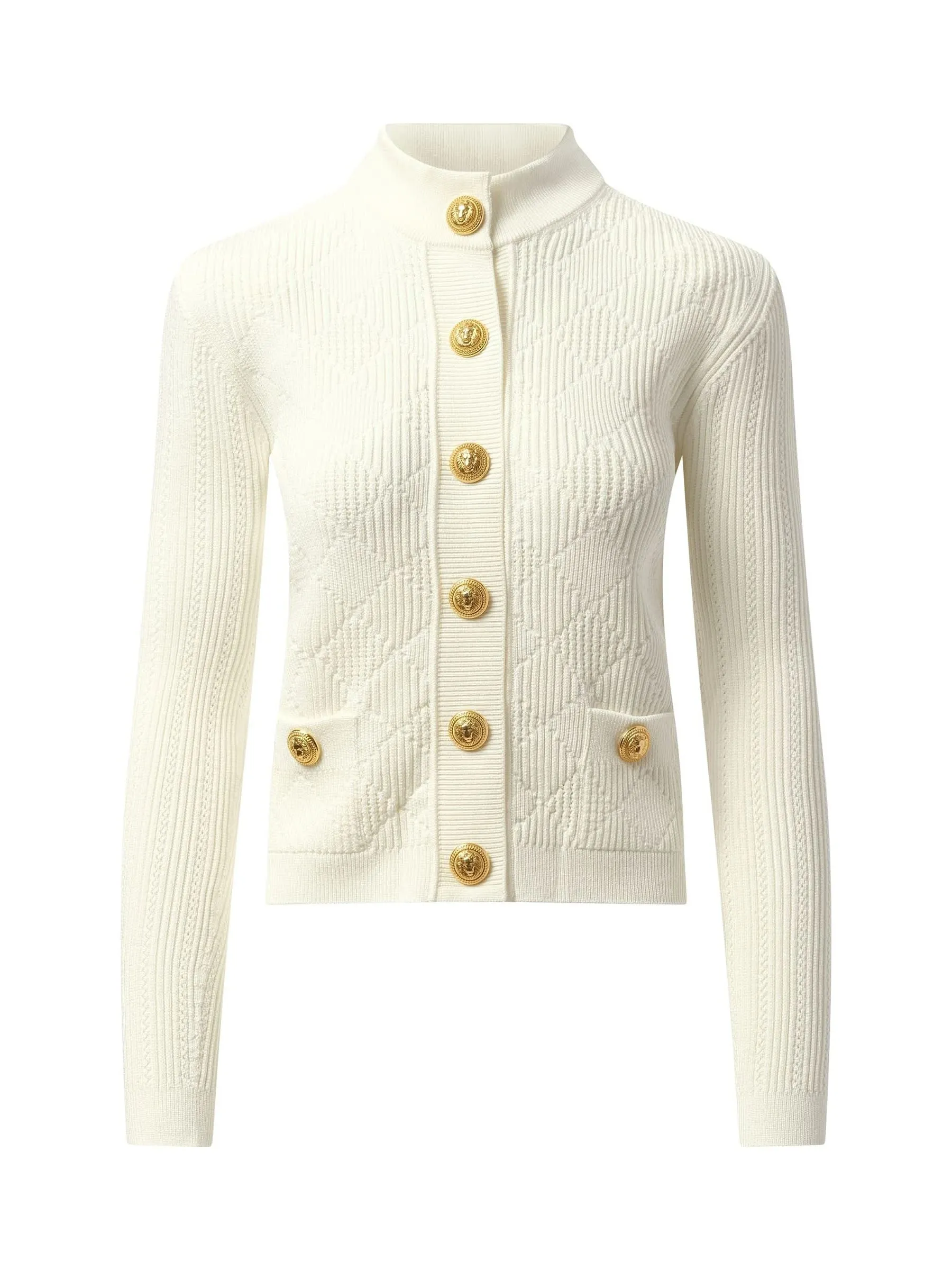 Buttoned 2 Pockets Vichy Knit Cardigan in White