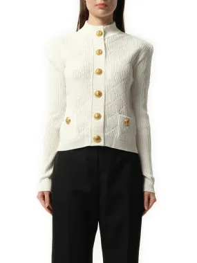 Buttoned 2 Pockets Vichy Knit Cardigan in White