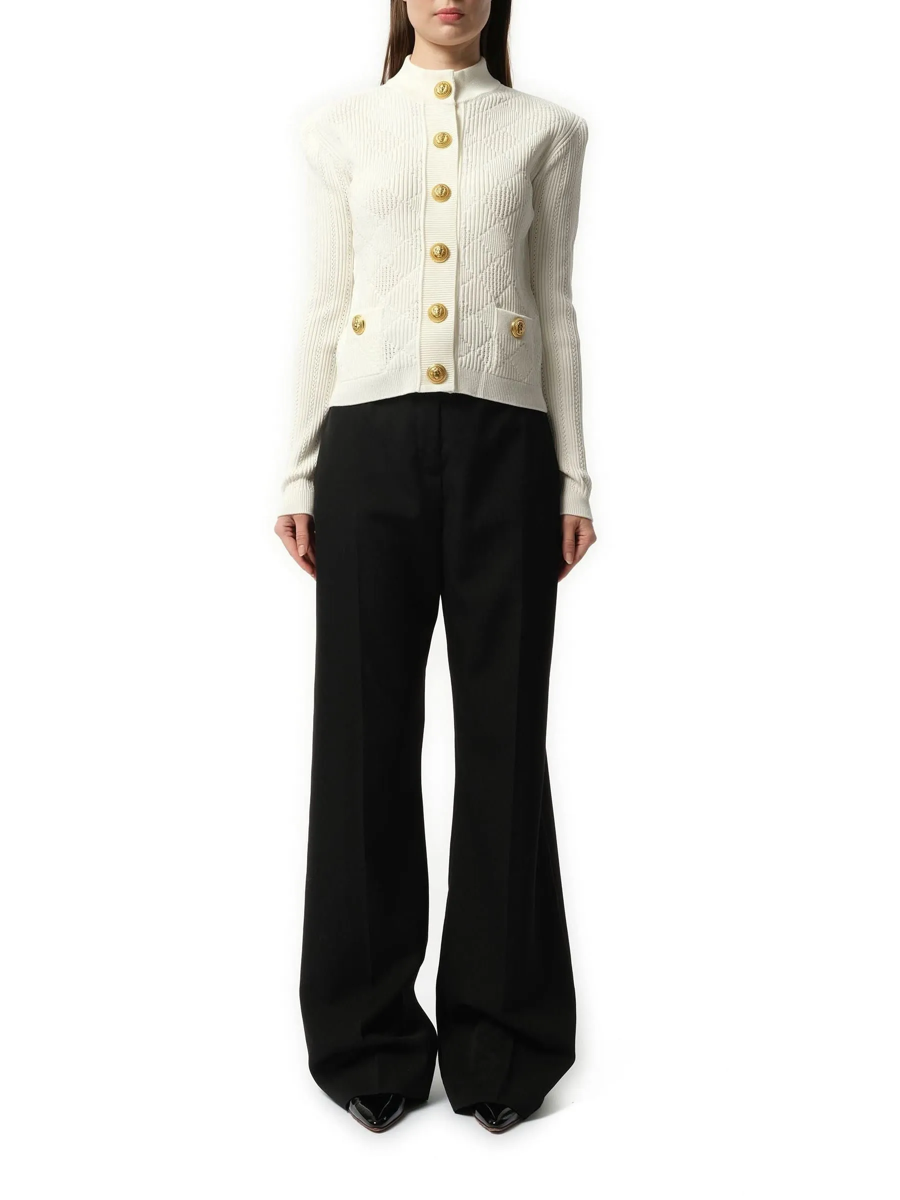 Buttoned 2 Pockets Vichy Knit Cardigan in White
