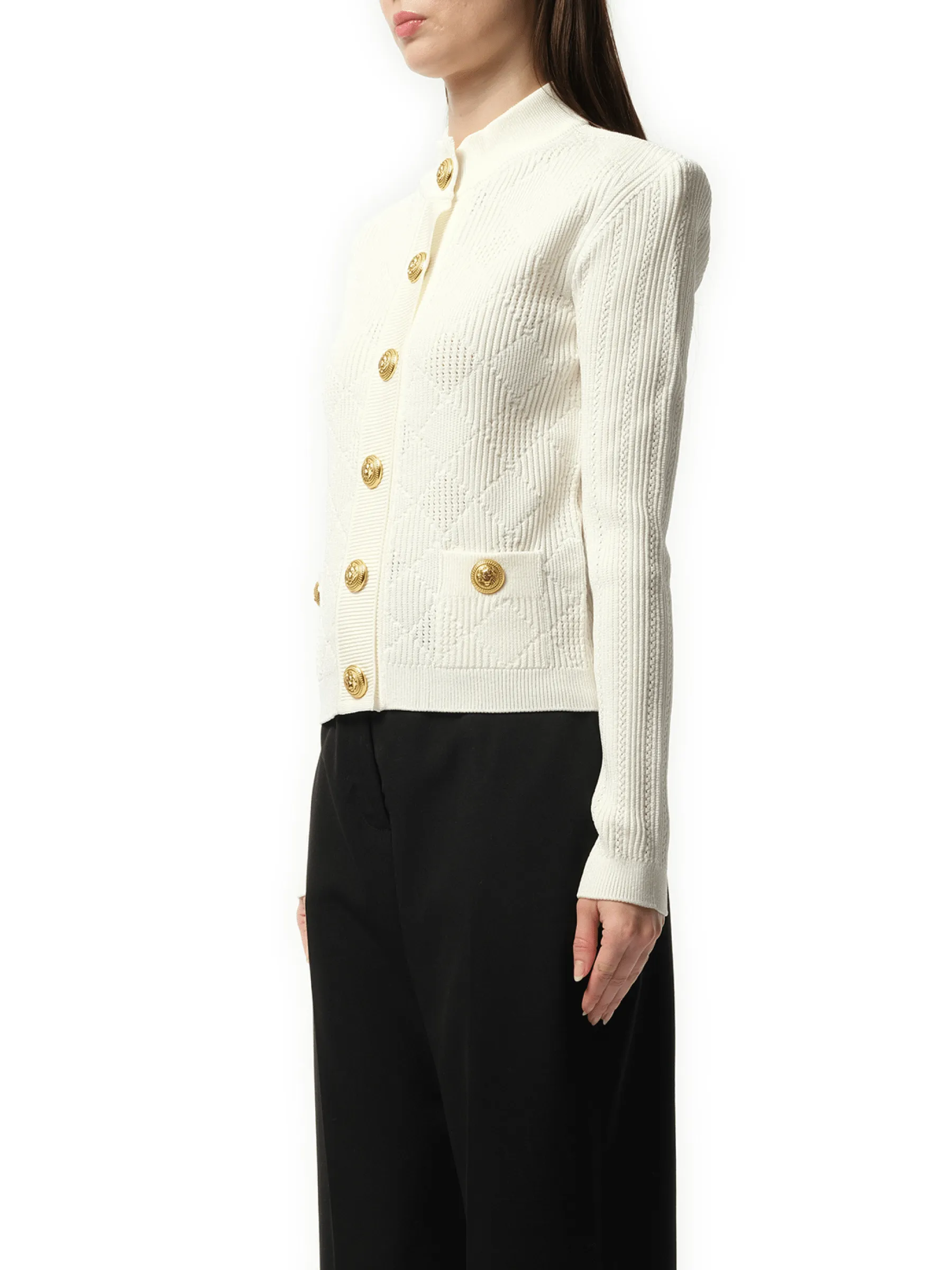 Buttoned 2 Pockets Vichy Knit Cardigan in White