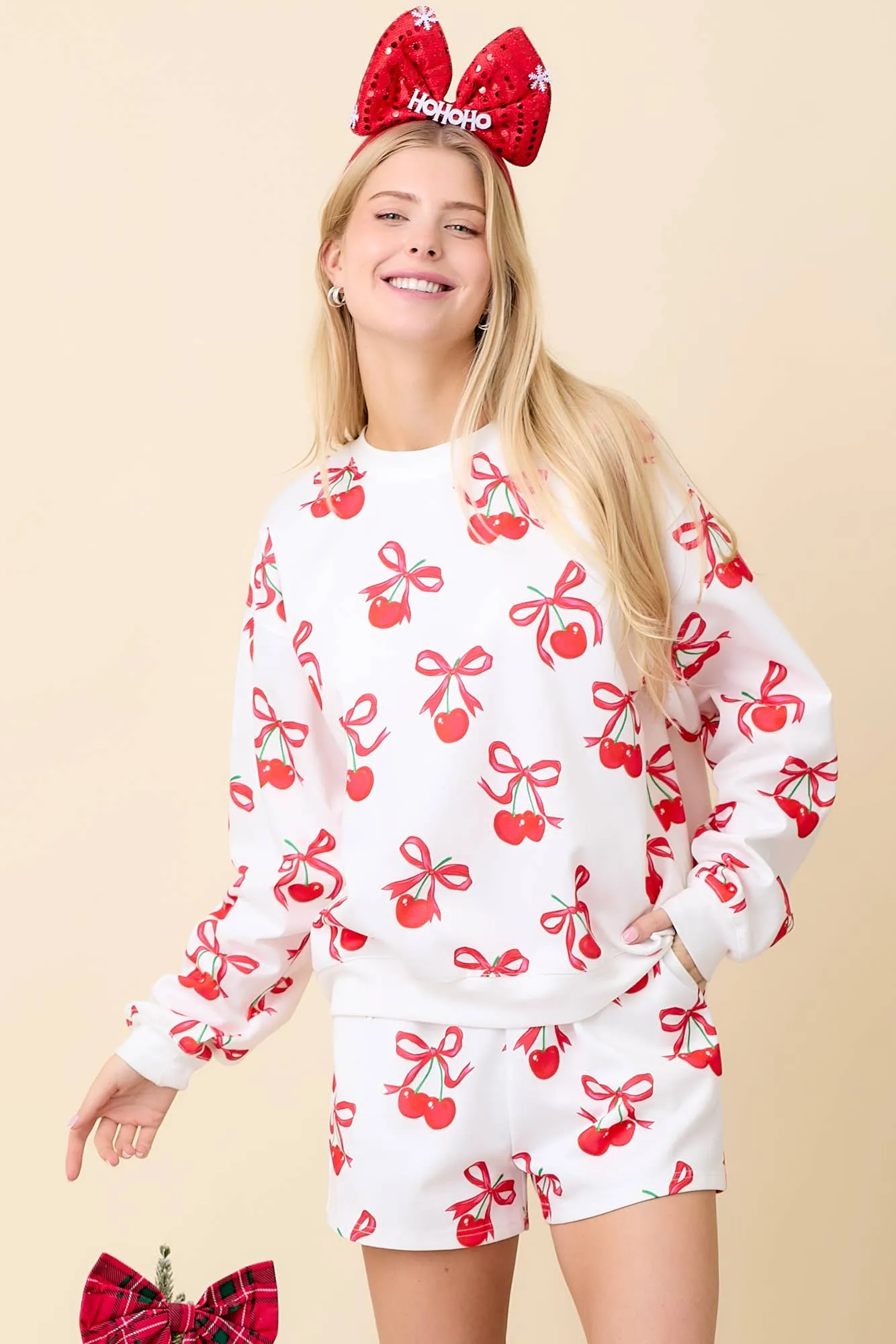 Cherry Bow Printed Lounge Set Shorts