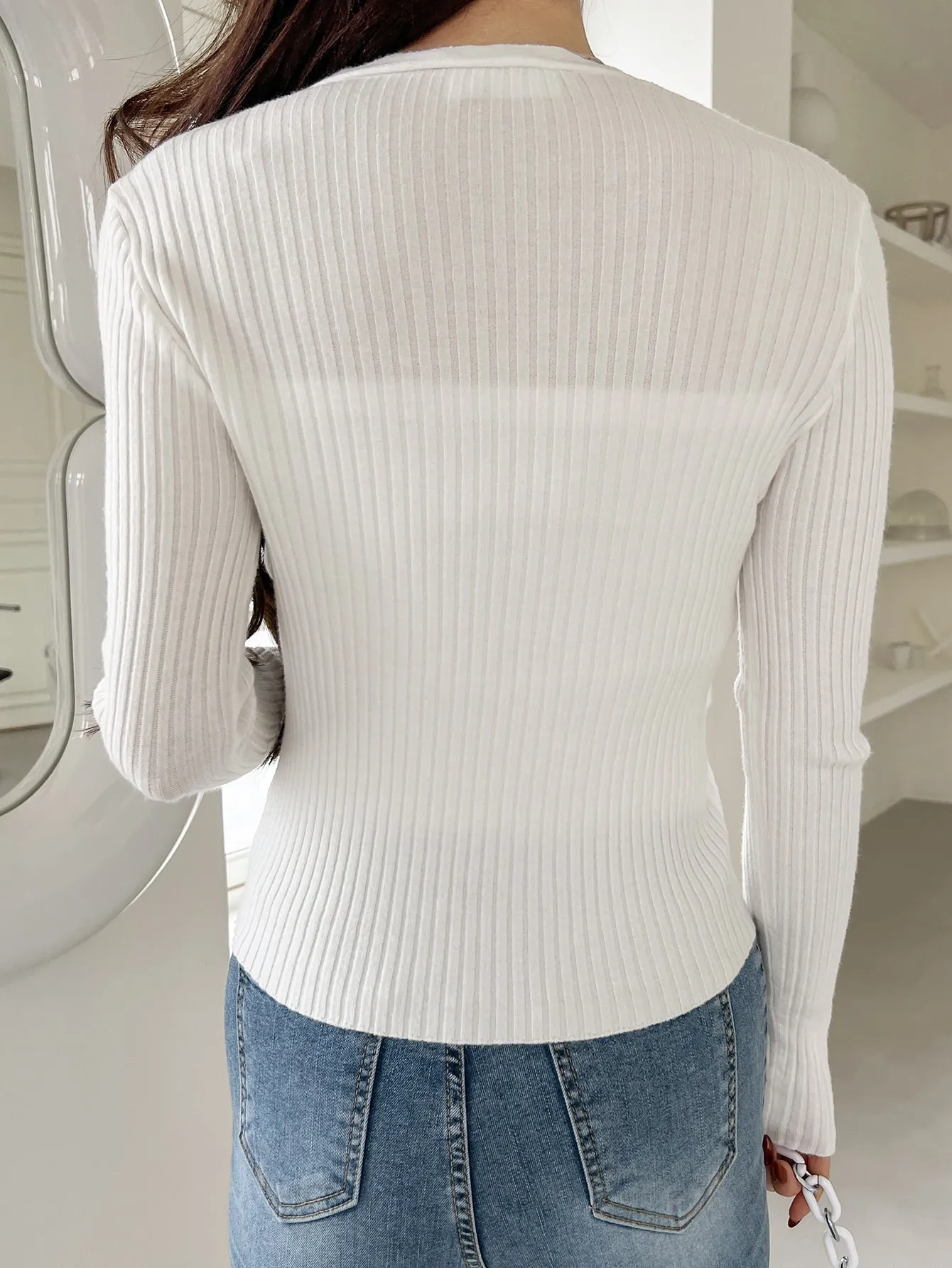DAZY Scallop Trim Ribbed Knit Cardigan