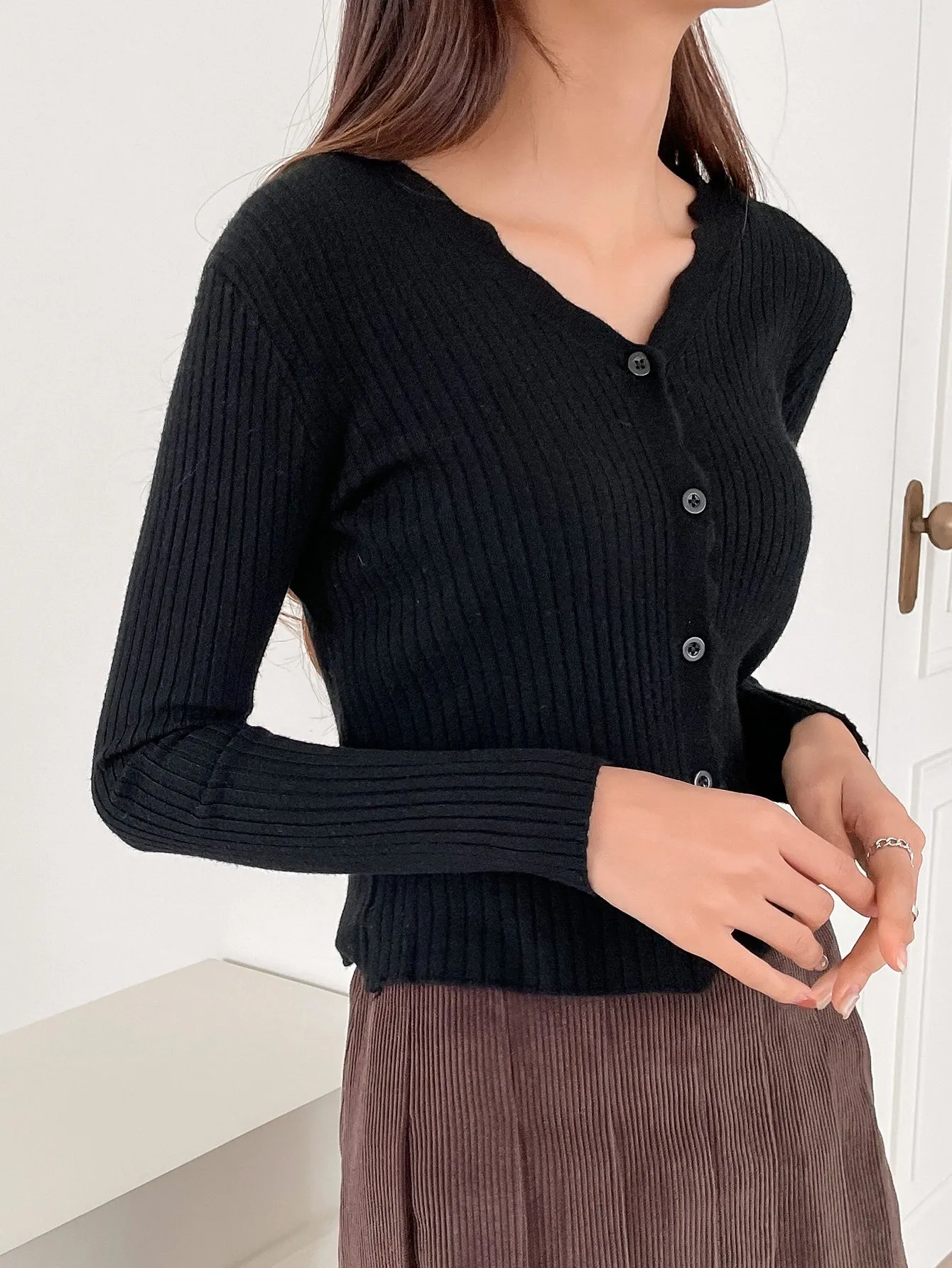 DAZY Scallop Trim Ribbed Knit Cardigan