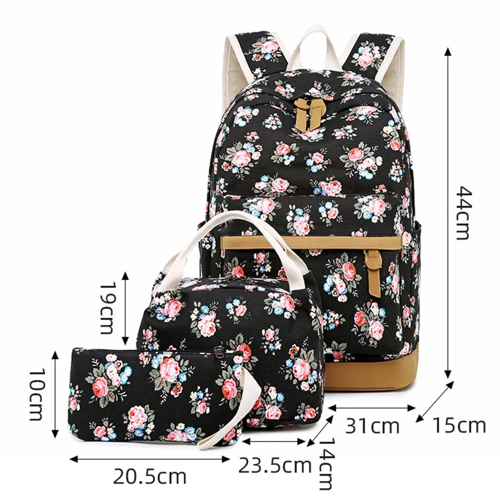 Floral School Rucksack Backpack Set with Lunch Bag Pencil Case for Teens
