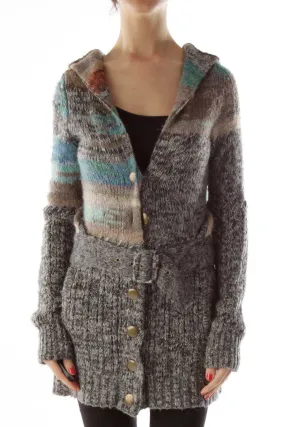 Gray Multicolor Buttoned Hooded Cardigan