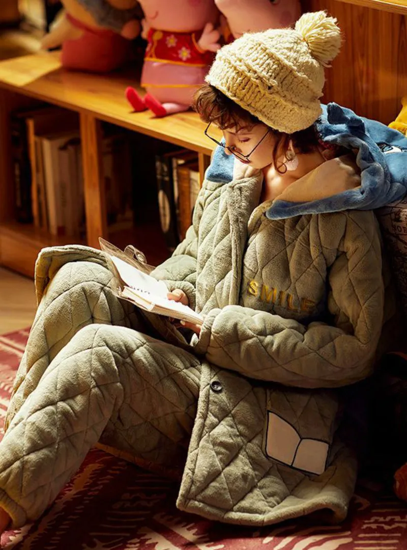 Green Three-layer Quilted Thickened Warm Coral Fleece Two-piece Suit