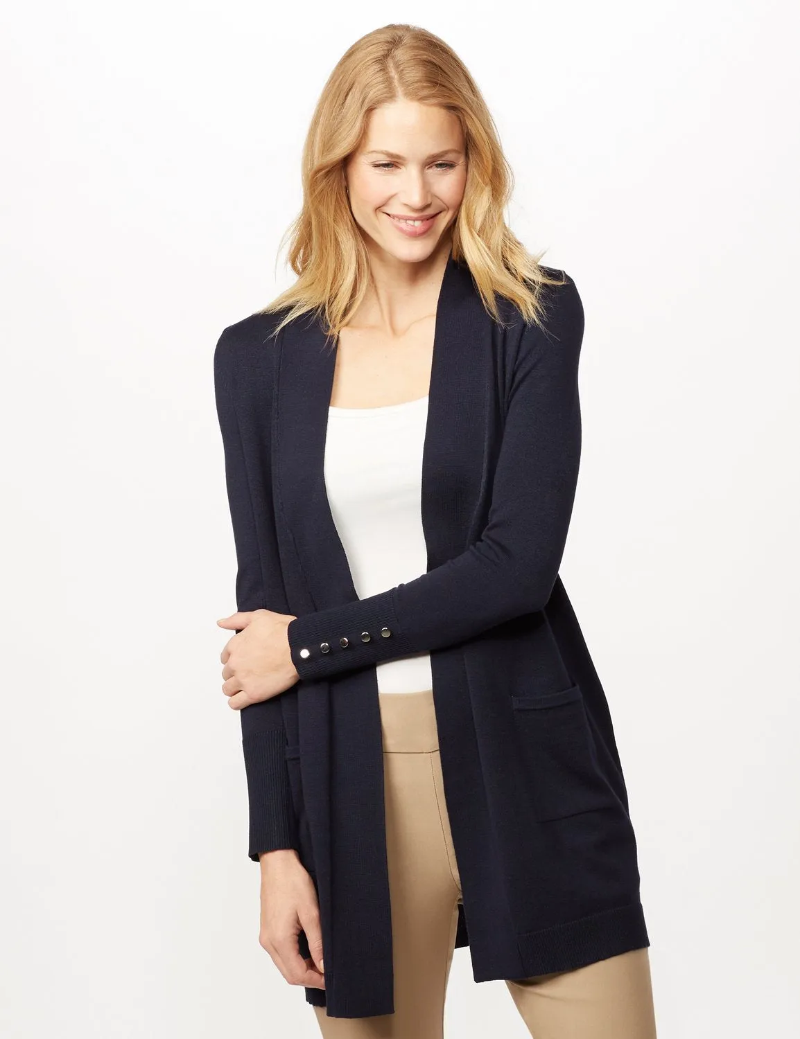 Long Sleeve Two Pocket Button Trim Duster Cardigan