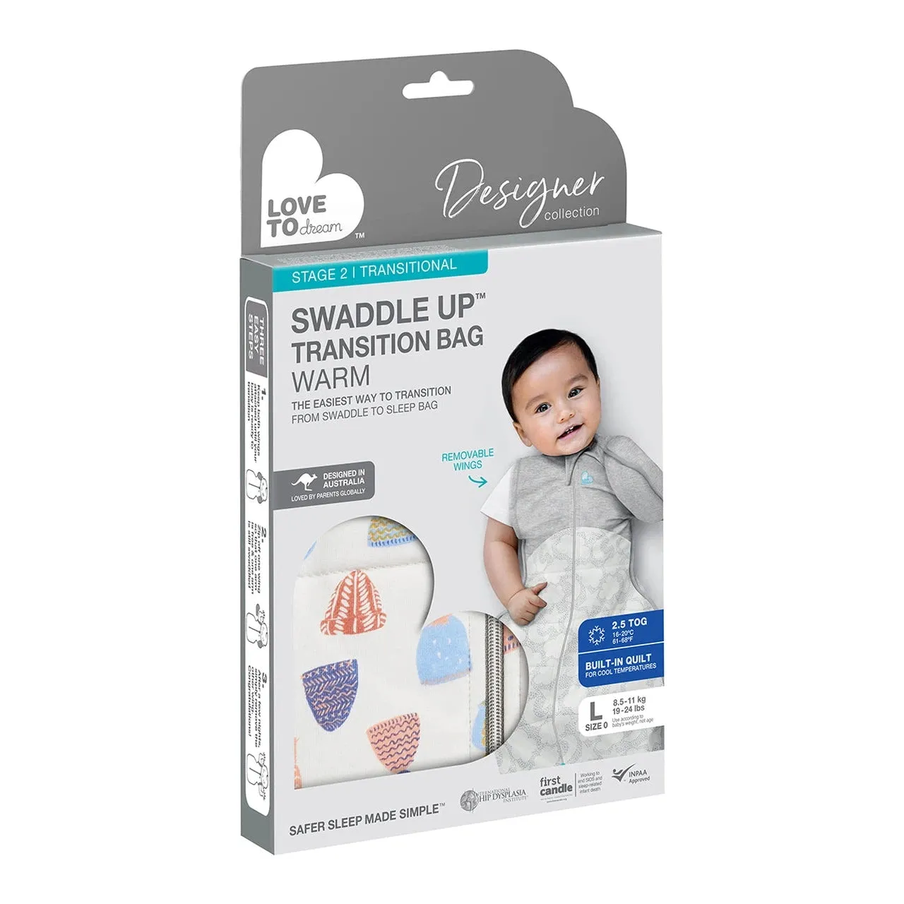 Love to Dream Swaddle Up Transition Bag Warm 2.5 Tog Happy Hats Print White - Designer Collection
