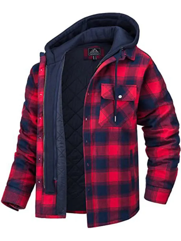 Men’s Plaid Pattern Flannel Contrast With Quilted Lined Hoodie Shirt Jacket
