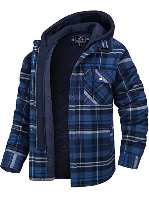 Men’s Plaid Pattern Flannel Contrast With Quilted Lined Hoodie Shirt Jacket