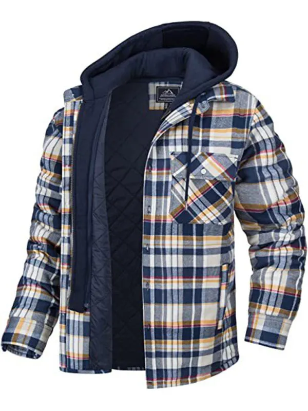 Men’s Plaid Pattern Flannel Contrast With Quilted Lined Hoodie Shirt Jacket