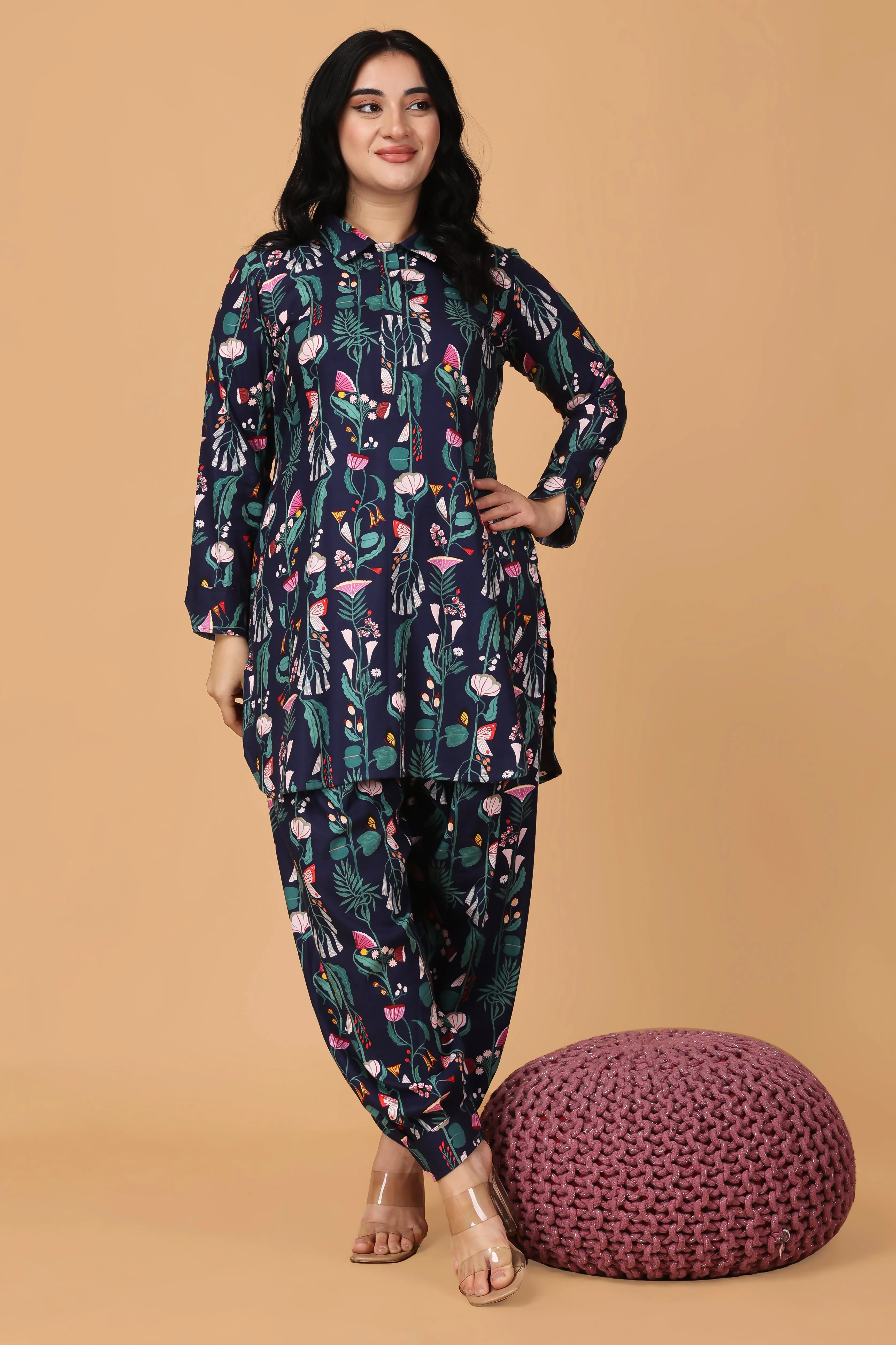 Navy Floral Stripe Afghani Set