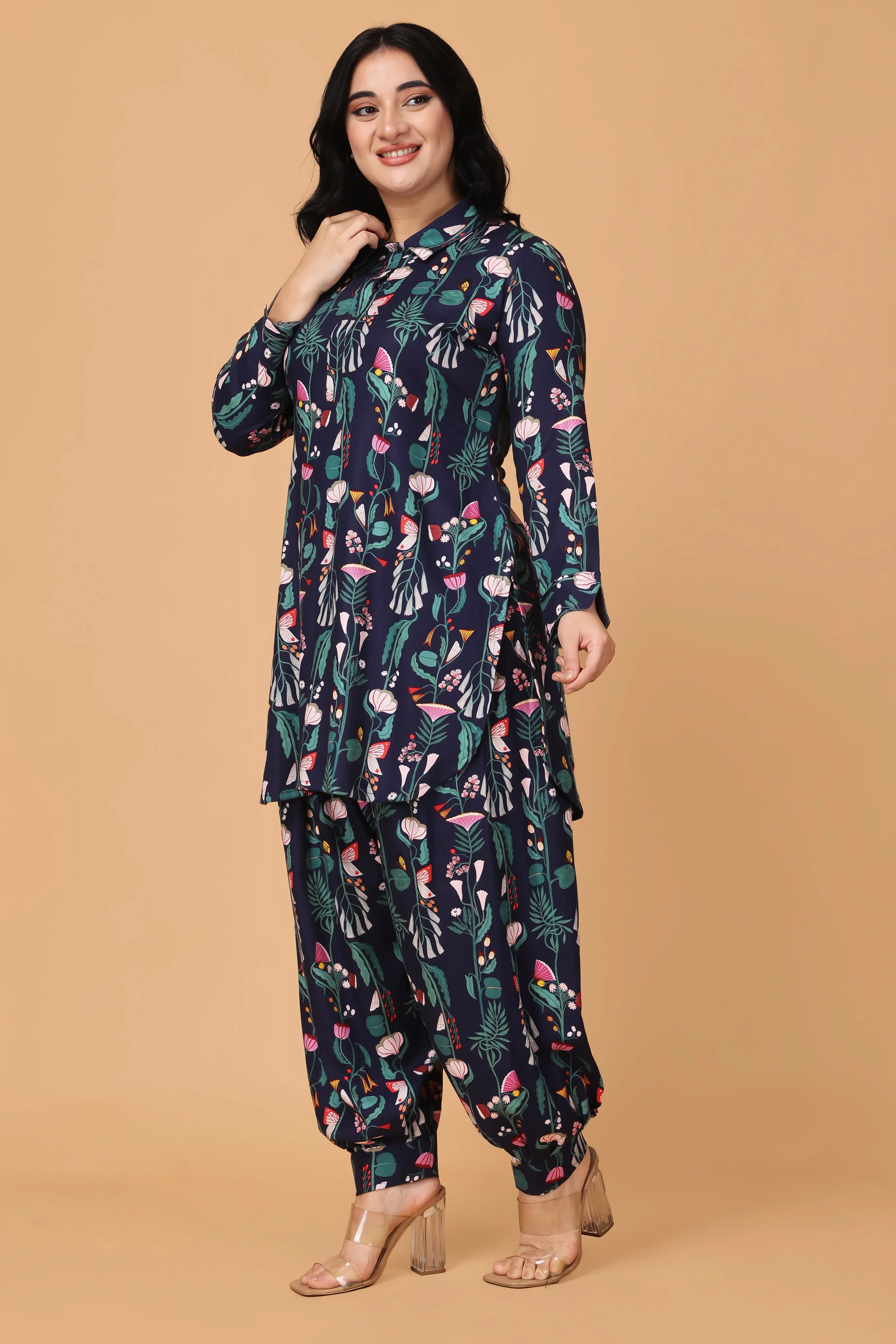 Navy Floral Stripe Afghani Set