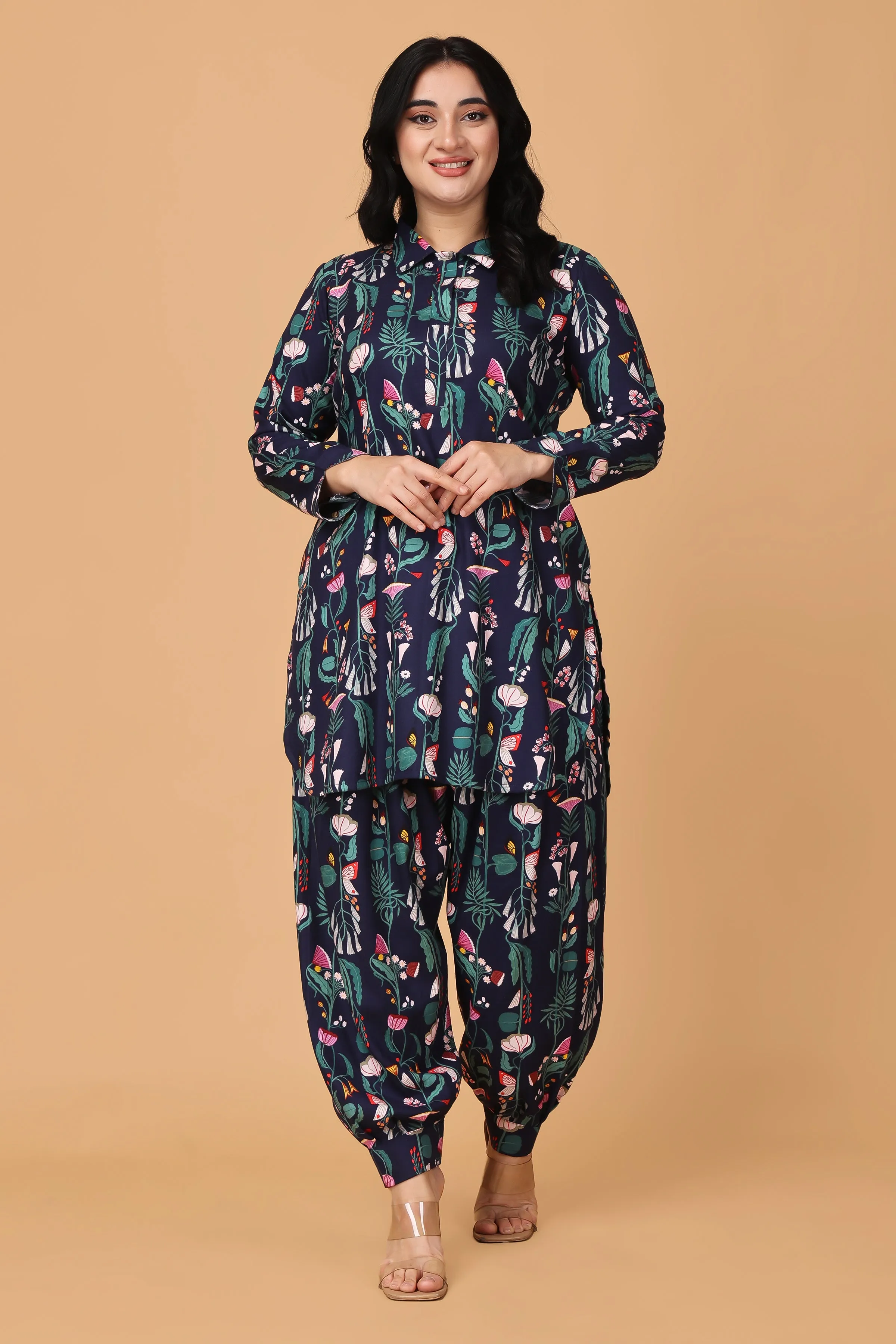 Navy Floral Stripe Afghani Set
