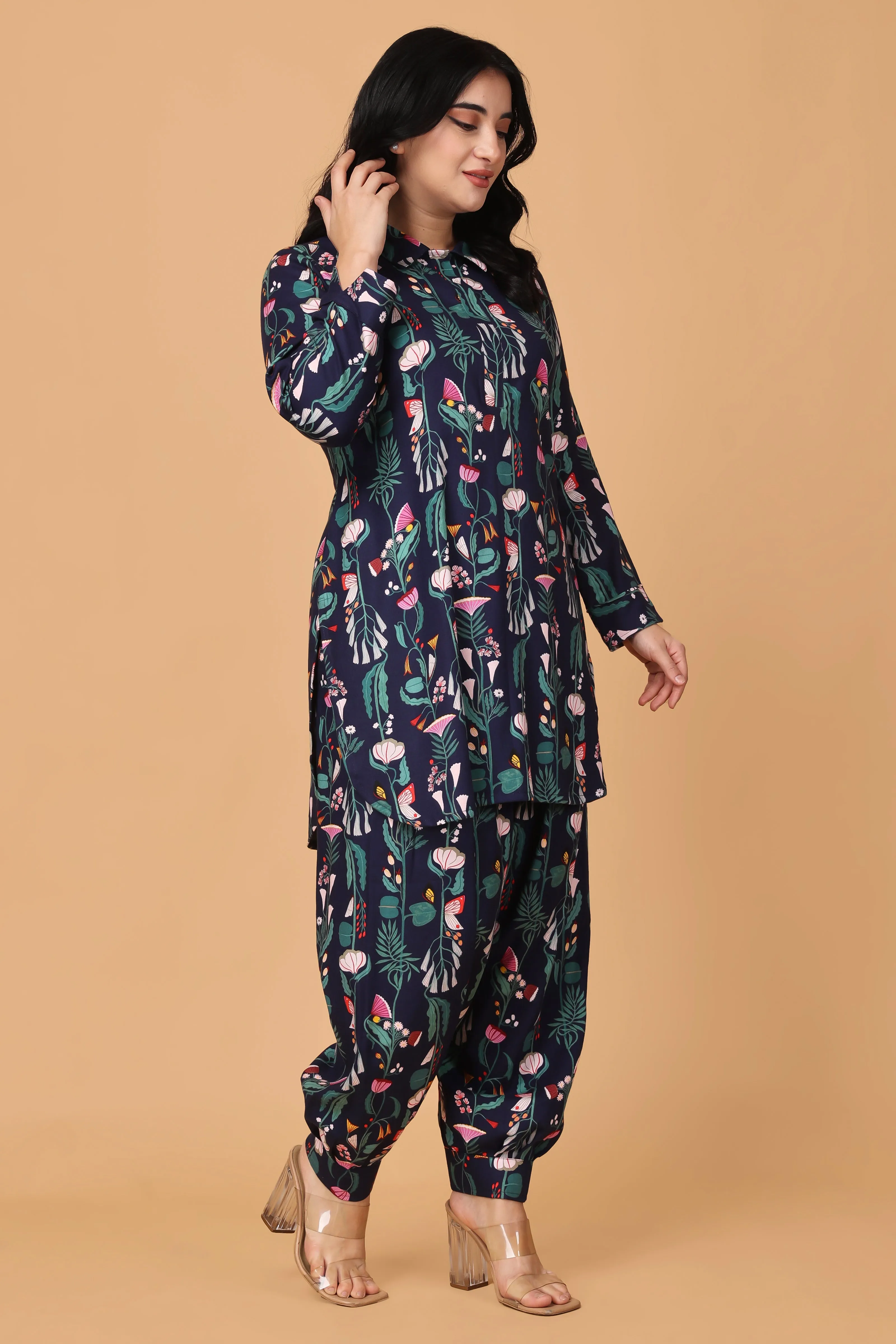 Navy Floral Stripe Afghani Set