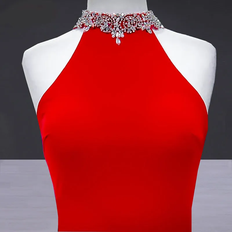 New High Neck Halter Fitted mermaid Formal Gown Red Prom 2018 Dresses Long Women Wear For Evening Party