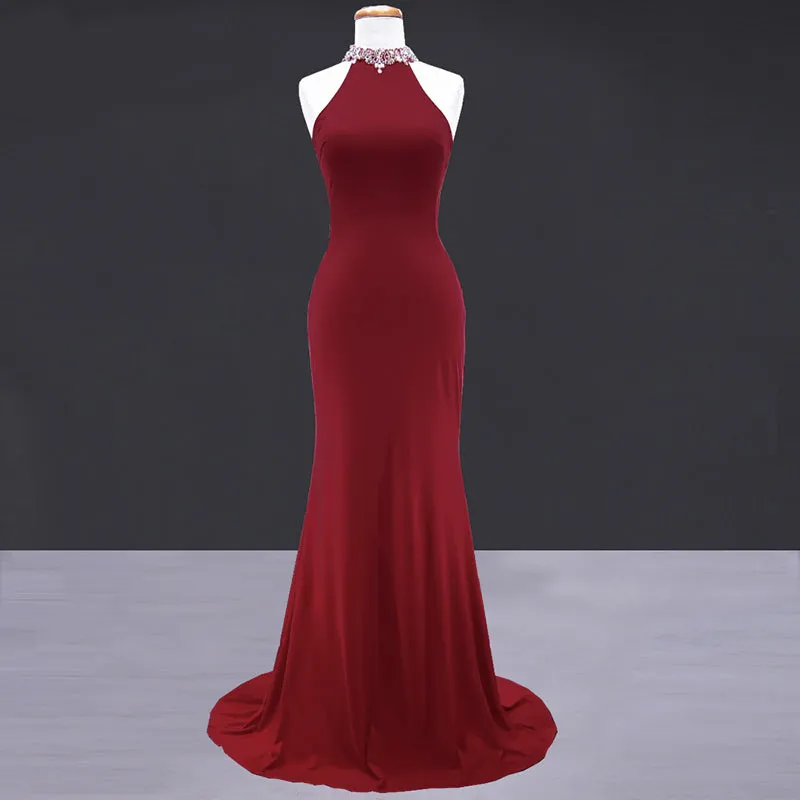 New High Neck Halter Fitted mermaid Formal Gown Red Prom 2018 Dresses Long Women Wear For Evening Party