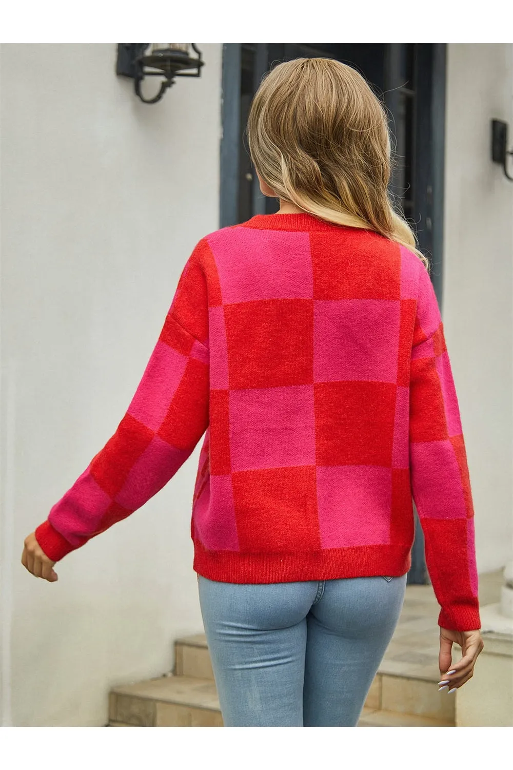 NicholesGifts Women Plaid V-Neck Dropped Shoulder Cardigan