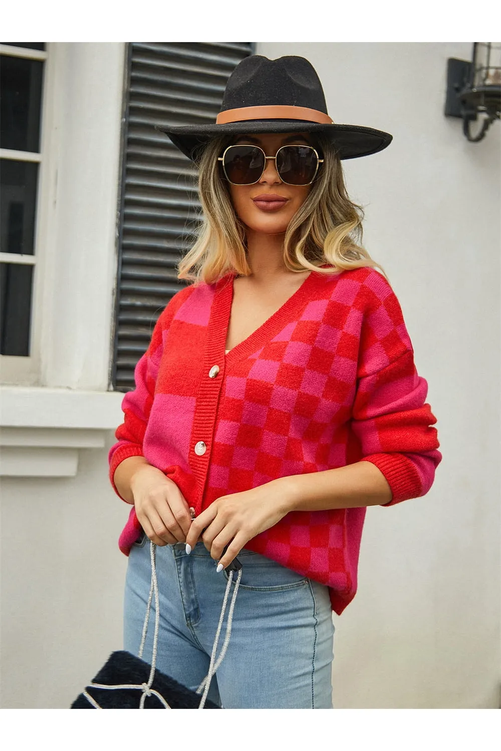 NicholesGifts Women Plaid V-Neck Dropped Shoulder Cardigan