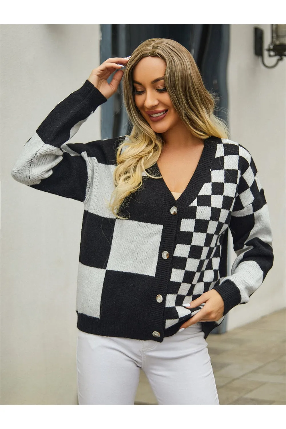 NicholesGifts Women Plaid V-Neck Dropped Shoulder Cardigan