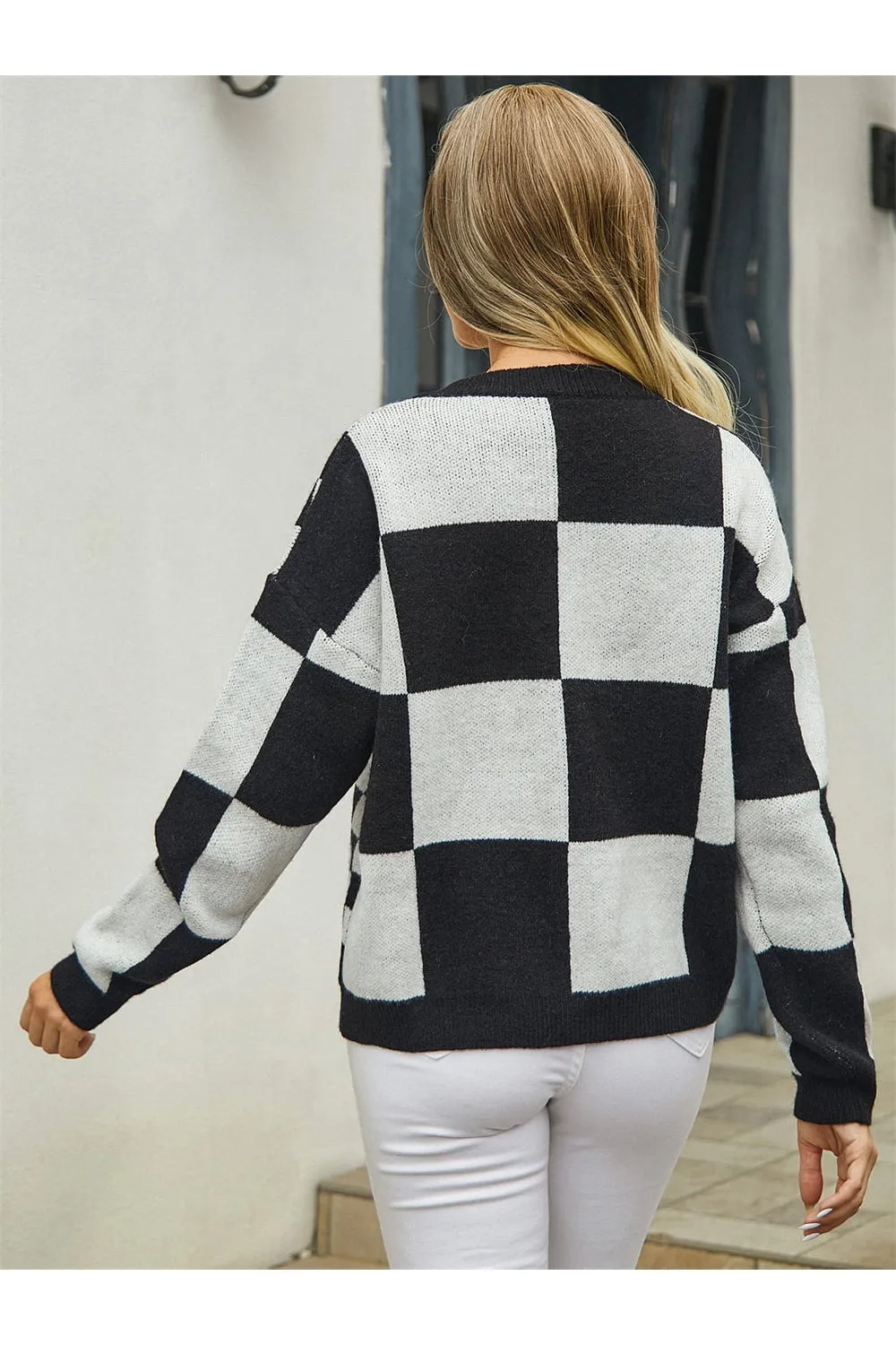 NicholesGifts Women Plaid V-Neck Dropped Shoulder Cardigan