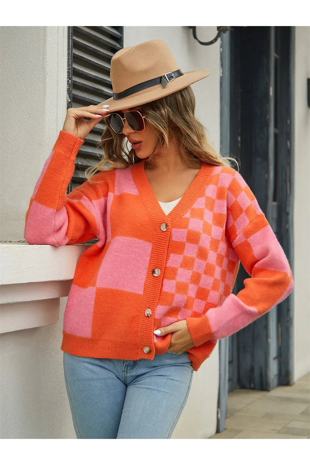 NicholesGifts Women Plaid V-Neck Dropped Shoulder Cardigan