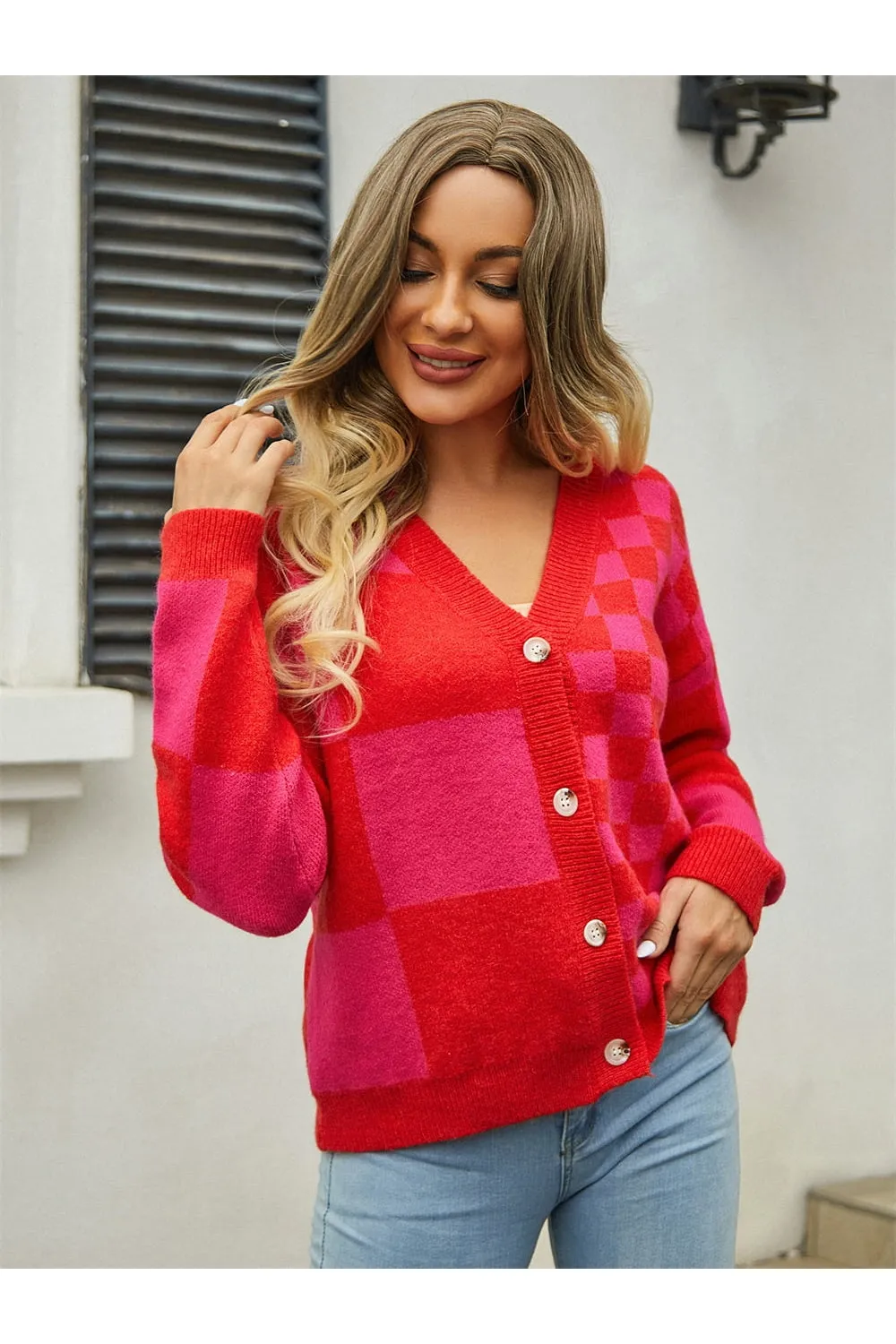 NicholesGifts Women Plaid V-Neck Dropped Shoulder Cardigan