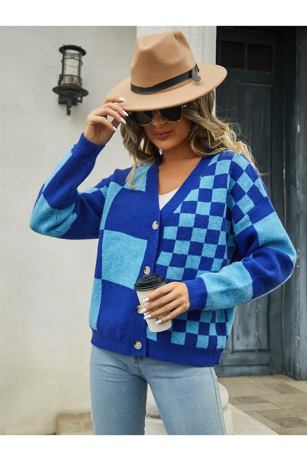 NicholesGifts Women Plaid V-Neck Dropped Shoulder Cardigan