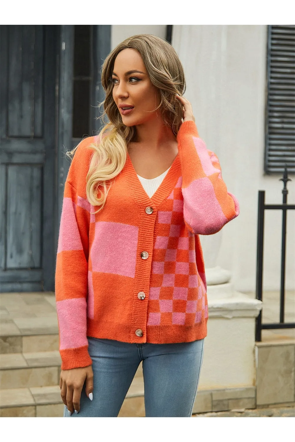 NicholesGifts Women Plaid V-Neck Dropped Shoulder Cardigan