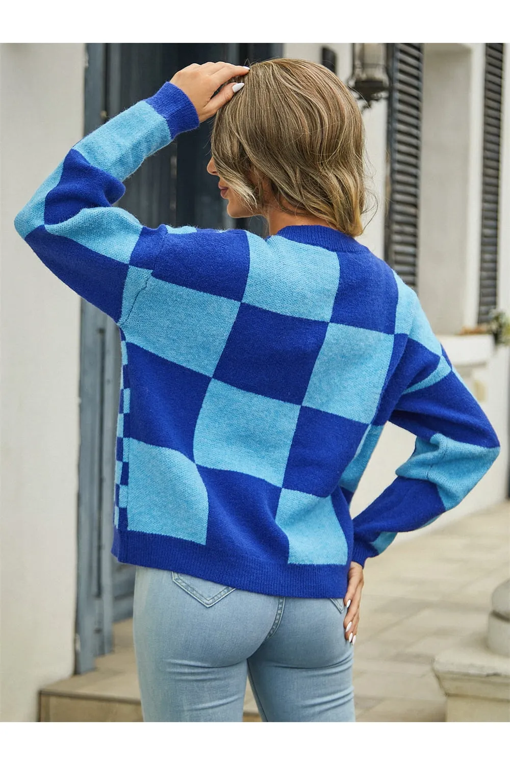 NicholesGifts Women Plaid V-Neck Dropped Shoulder Cardigan