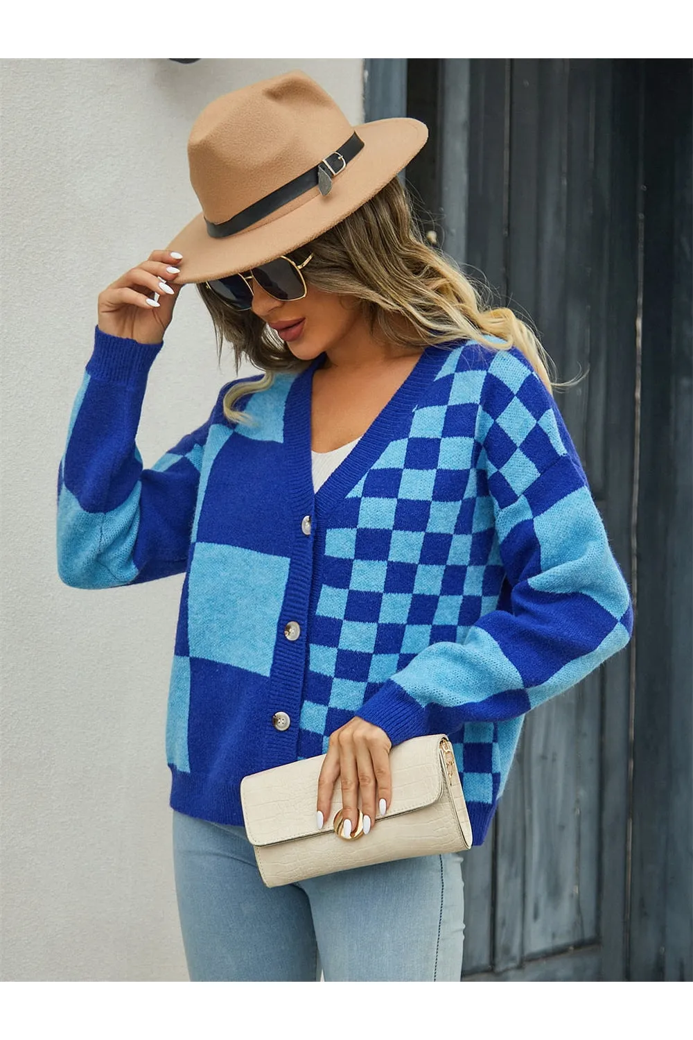 NicholesGifts Women Plaid V-Neck Dropped Shoulder Cardigan