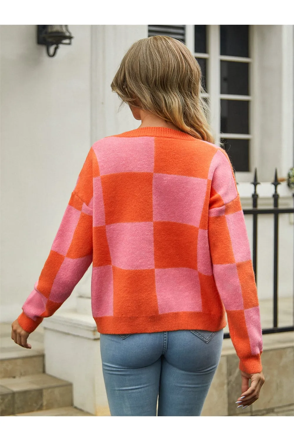 NicholesGifts Women Plaid V-Neck Dropped Shoulder Cardigan