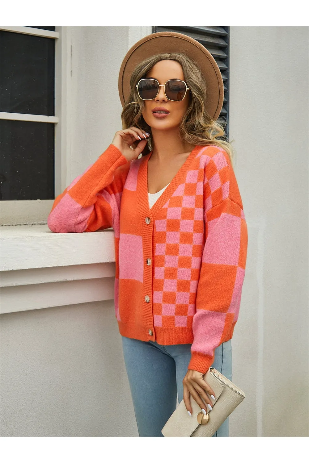 NicholesGifts Women Plaid V-Neck Dropped Shoulder Cardigan