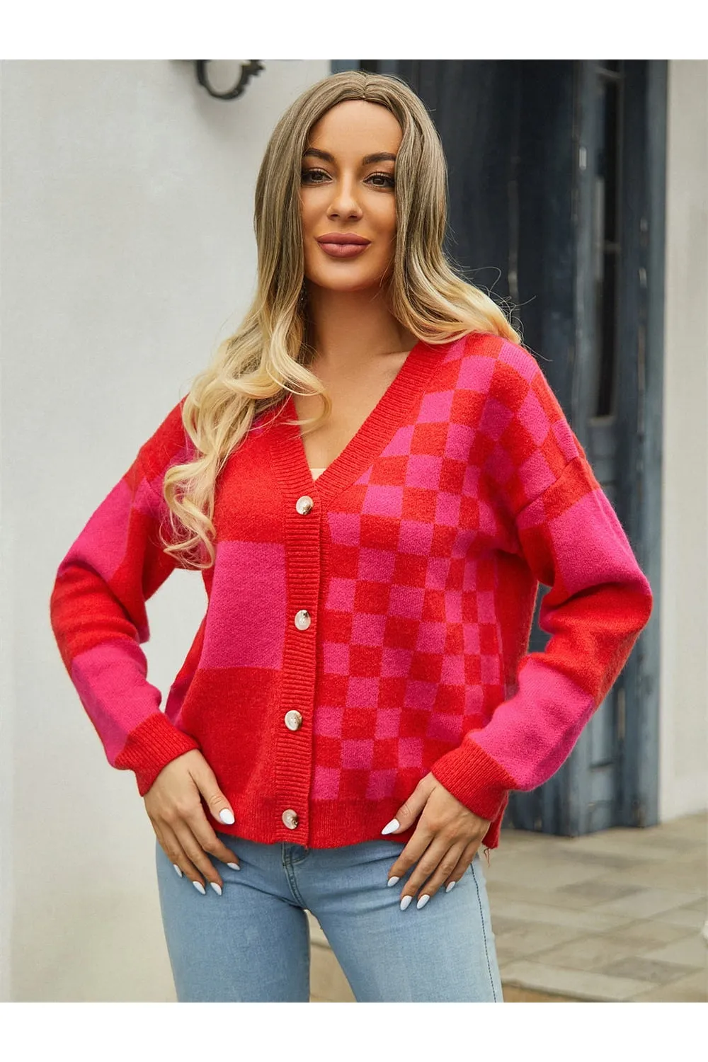 NicholesGifts Women Plaid V-Neck Dropped Shoulder Cardigan