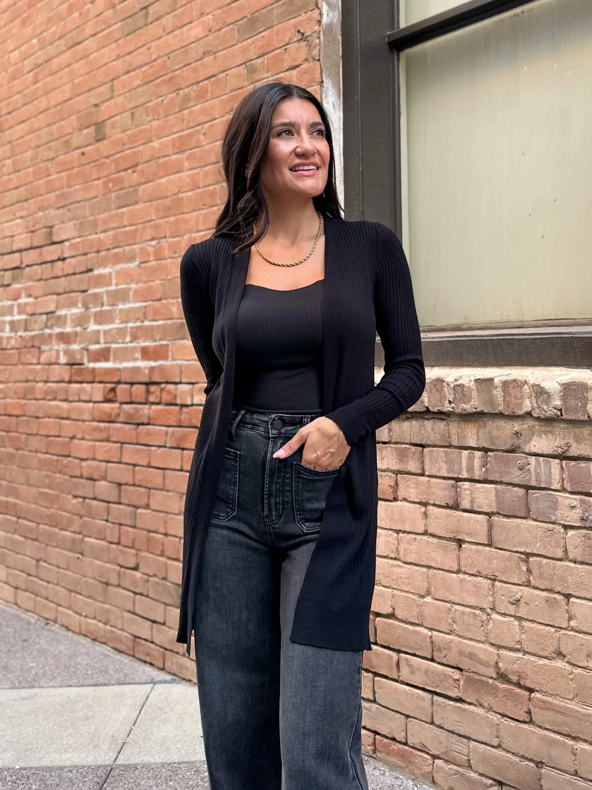 Ribbed Duster With Side Slit - Black