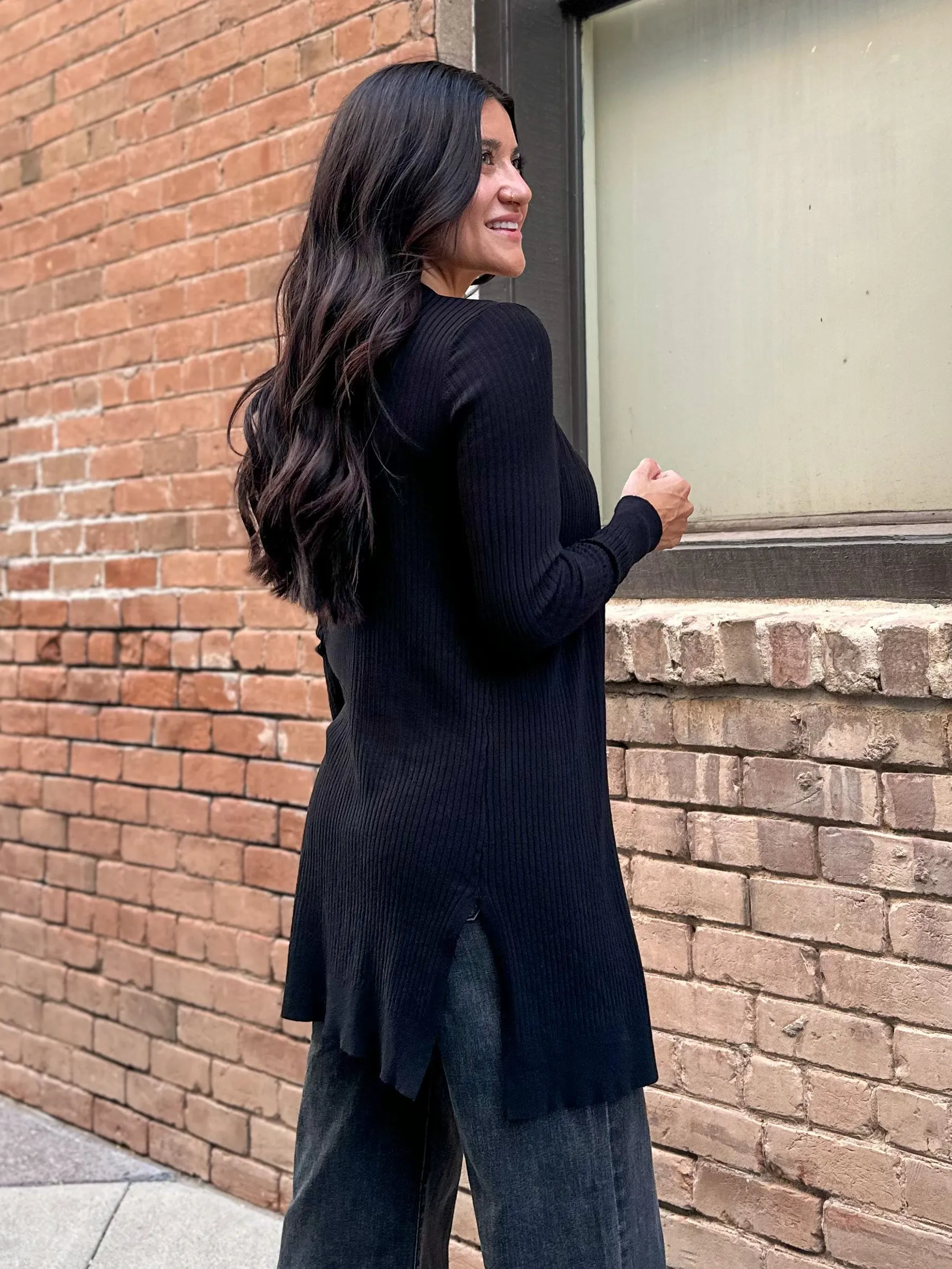 Ribbed Duster With Side Slit - Black
