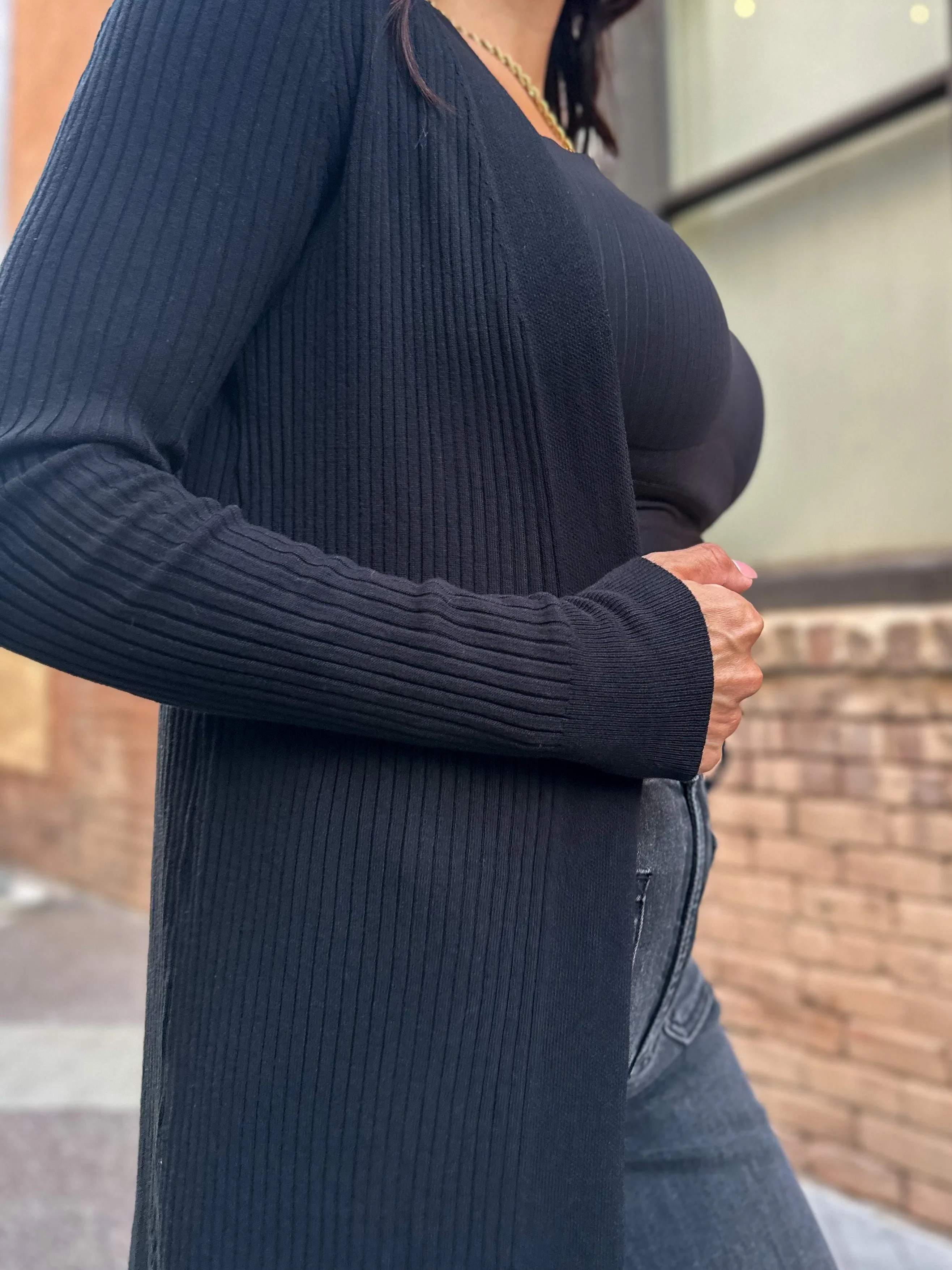 Ribbed Duster With Side Slit - Black