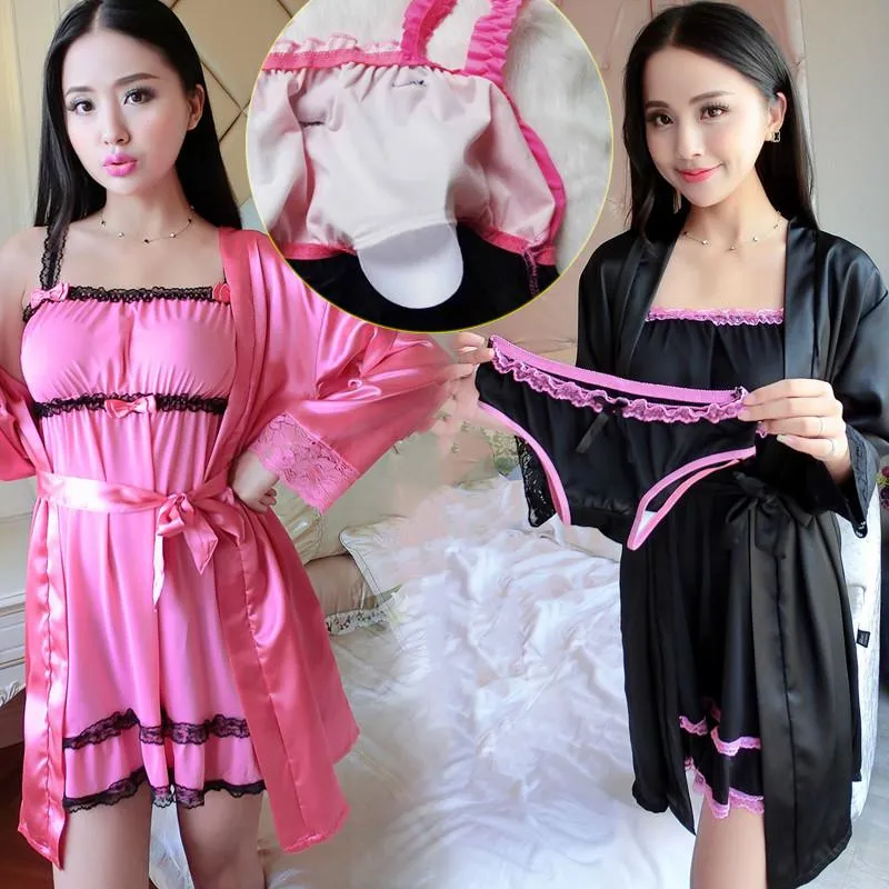 Women Nightwear Autumn Sexy pajamas with Chest Pads Robes Sets Satin Sleepwear Nightdress   Bathrobe Gown 3 Pieces Pajamas